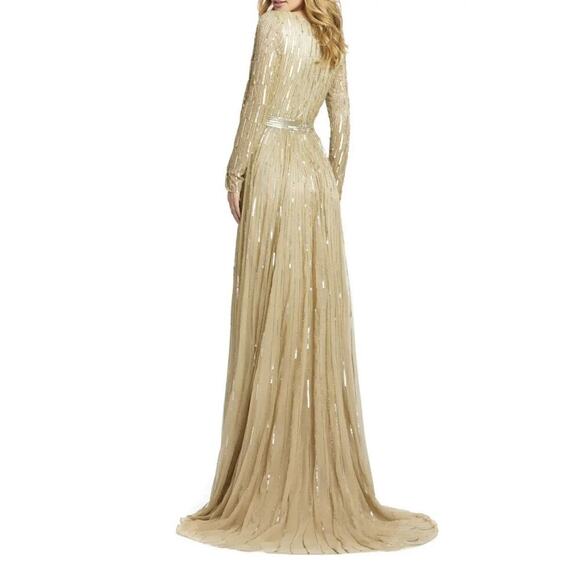Mac Duggal Taupe Gold Long Sleeve Sequin & Bead Stripe Gown Size 6 $598 - Picture 3 of 8